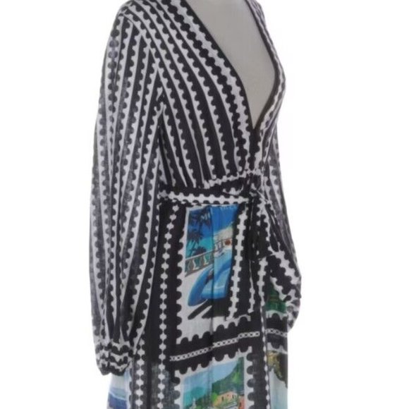 Mary Katrantzou Plunging V-Neck Maxi Dress in Postage Stamp Printed Linen - Picture 5 of 8